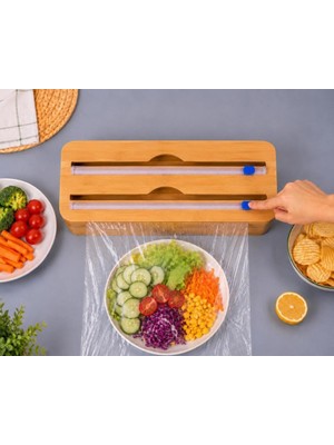 Abnturk Bambu Streç Film ve Folyo Kesici Organizer-Kayar Bıçaklı 2 Bölmeli 33X16X8CM Mutfak Düzenleyici