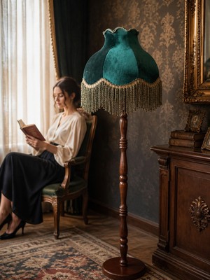 dekovien Hürrem Yeşili Kadife Başlık Doğal Ahşap Ayaklı Klasik Model Lambader Vintage 170X40CM