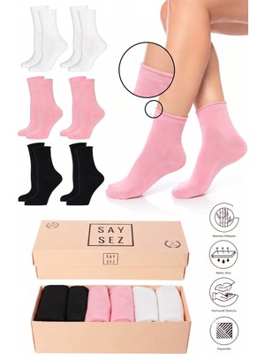 Saysez Bambu Kadın Lastiksiz Siyah-Beyaz-Pembe Soket Dikişsiz Premium Çorap Kutulu 6'lı / Iz Bırakmaz / Sıkmaz