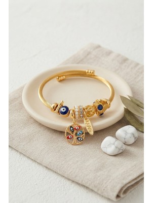 Mç Plus Mavi Nazar Detaylı Ağaç Charmlı Bileklik