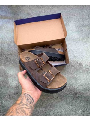Evlium Birkenstock Arizona Chunky Süet Deri Çift Tokalı Yüksek Taban Terlik - Vizon / Acı Kahve