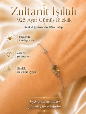 Yudi Atelier 925 Ayar Gümüş Zultanit Işıltılı Bileklik | Renk Değiştiren Sultan Taşı | Sevgiliye Anneye Hediye | Zincir Bileklik