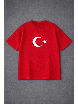 Vodexa Unisex Oversize T-Shirt Türk Bayrak Baskılı %100 Pamuk Tişört Rahat Kalıp