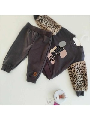 Elada Moda Füme Kol Kısmı Leoparlı Sardonlu Kız Çocuk Takim