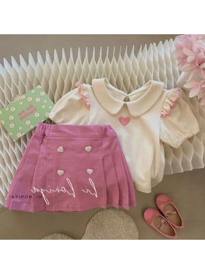 Elada Moda Pembe Pileli Şort Etek Bebe Yaka Kalp Detaylı Bluz (Ithal)