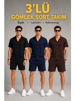 Erkek 3 Lü Krep Kumaş Cepli Gömlek Şort Takım Kısa Kollu Bağcıklı - Siyah , Lacivert , Kahverengi