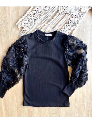 Elada Moda Siyah Kol Kısmı Nakış Işleme Detaylı Kız Çocuk Pamuklu Bluz
