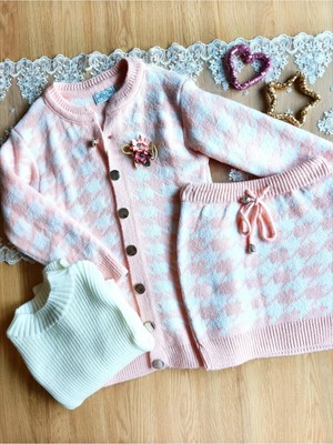 Elada Moda Pembe 3 Parça Kız Cocuk Örme Kışlık Takim