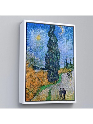Uslucan Alışveriş Ahşap Çerçeveli Vincent Van Gogh - Selvili ve Yıldızlı Yol Tablo - Road With Cypress And STAR-7443