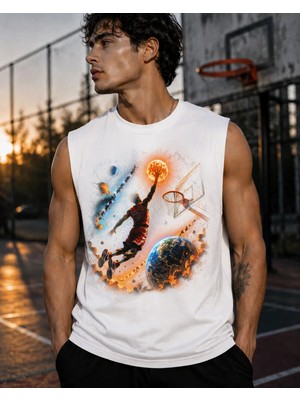 Enb1r Moda Oversize Sıfır Kol Basketbol Uzay Dünya Güneş Grafik Baskılı Streetwear Spor Atlet