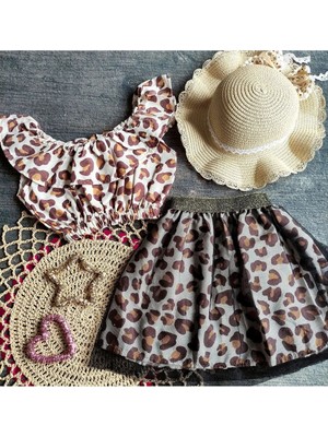 Elada Moda Leopar Desen Kız Çocuk Crop Tül Detaylı Etek Takim
