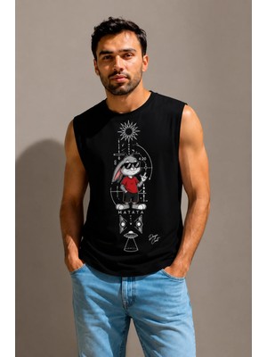 Enb1r Moda Erkek Tavşan Baskılı Sıfır Kol Tişört Regular Fit Bisiklet Yaka Yazlık Günlük Pamuklu Atlet T-Shirt