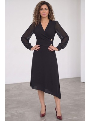 Zishan Fashion Kadın Kruvaze Yaka Düğme Detaylı Şifon Kol Asimetrik Astarlı Midi Abiye Elbise 25263