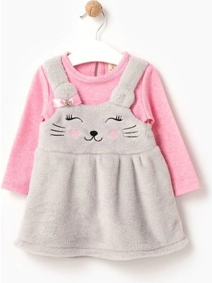 Elada Moda Sevimli Kedicik Gri Yumos Kız Bebek Elbise ve Bluz