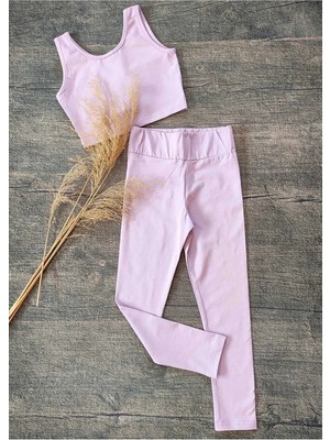 Elada Moda Lila Kız Çocuk Pamuklu Crop ve Tayt Takım