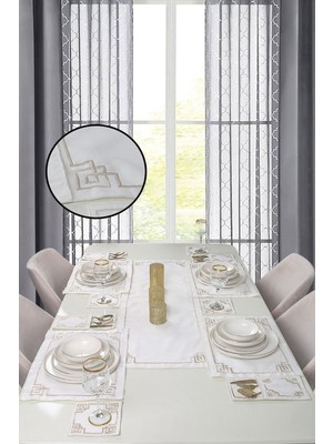 Bonny Home Sarmal Krem Gold 8 Kişilik 25 Parça Nakışlı Linen Keten Amerikan Servis Runner Yemek Takımı