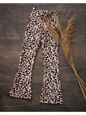 Elada Moda Açık Pembe Leopar Desen Ispanyol Paça Kız Cocuk Pantolon
