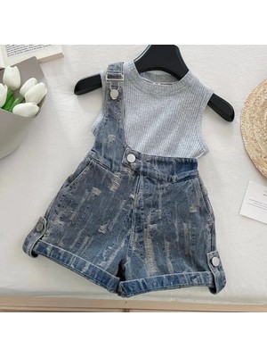 Elada Moda Kız Çocuk Ince Kot Yırtık Model Slopet ve Bluz