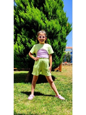 Elada Moda Pamuklu Yeşil Lila 3 Parça Kız Çocuk Şortlu Takim