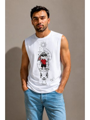 Enb1r Moda Erkek Tavşan Baskılı Sıfır Kol Tişört Regular Fit Bisiklet Yaka Yazlık Günlük Pamuklu Atlet T-Shirt