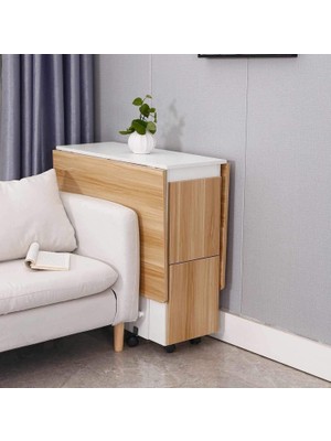 Hernest 4 Tabureli Katlanır Yemek Masası Tekerlekli Raflı Çok Amaçlı Mutfak Masası Beyaz Doğal Meşe 140 x 80 cm