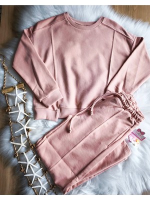 Elada Moda Pembe 3 Iplik Sardonsuz Rahat Kalıp Pamuklu Kız Cocuk Alt Üst Takim