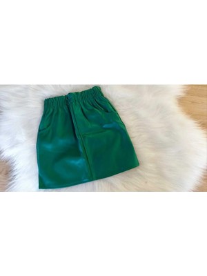 Elada Moda Yeşil Bel Lastikli Deri Kız Çocuk Etek