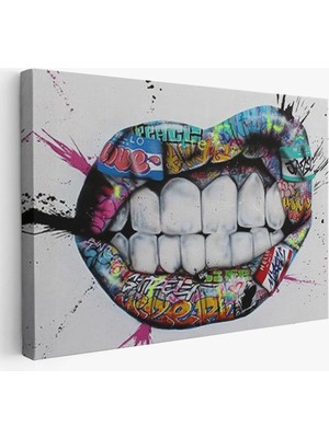 Uslucan Alışveriş Renkli Dudak Graffiti Kanvas Tablo, Banksy Sokak SANATI-5413