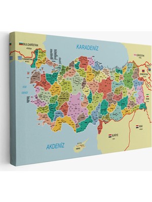 Uslucan Alışveriş Türkiye Haritası Kanvas Tablo Il ve Ilçeli Ayrıntılı Eğitici Komşulu Tablo 3012