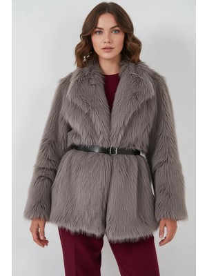 Morado Se siente Perfecto Kadın Geniş Yaka Kemerli Kürklü Oversize Füme Kaban