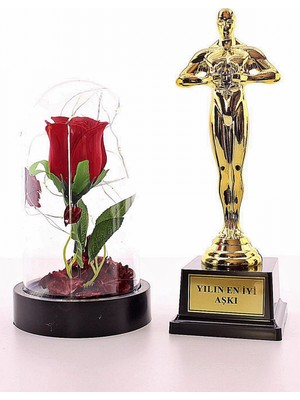 Marsilyan Yılın En Iyi Aşkı Oscar Ödülü ve LED Işıklı Fanus Gül Seti
