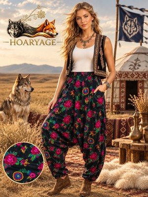 Hoaryage Otantik Köy Şalvarı %100 Pamuk Viskon Çiçek Desenli Rahat Kesim Ağlı Kadın Şalvarı 38BEDEN 100 kg