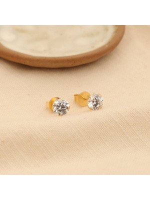 Nox Jewelry 14K Altın Kaplama Gümüş Yuvarlak Kesim Tektaş Gümüş Küpe - ES00107