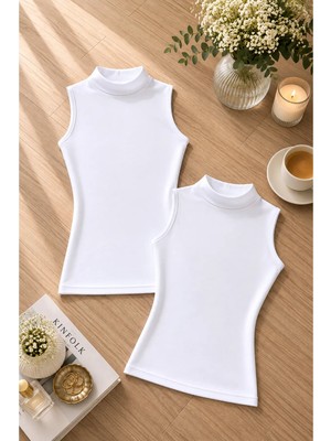Rozelt Kadın Beyaz Modal Pamuklu Likralı Kolsuz Yarım Balıkçı Yaka 2'li Atlet T-Shirt