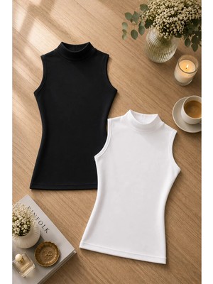 Rozelt Kadın Siyah & Beyaz Modal Pamuklu Likralı Kolsuz Yarım Balıkçı Yaka 2'li Atlet T-Shirt