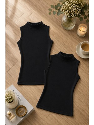 Rozelt Kadın Siyah Modal Pamuklu Likralı Kolsuz Yarım Balıkçı Yaka 2'li Atlet T-Shirt