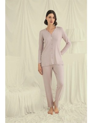 Amora Secret  Uzun Kollu Boydan Düğmeli V Yaka Pijama Takımı