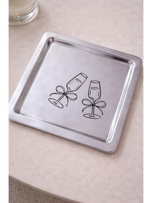 Beige &kadeh Desenli Kare Paslanmaz Çelik Çelik Çay Söz Nişan Sunum ve Dekoratif Tepsi