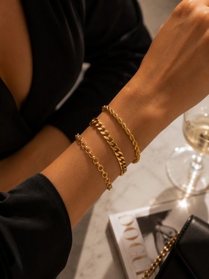 Adata Jewelry Çelik 3lü Kadın Kombin Bileklik Seti / Ezme Zincir / Burgu Zincir / Halka Zincir Gold Renk Uzatma Zincirli
