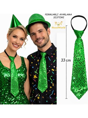 NW NessiWorld Yeşil Renk Pul Payetli Işıltılı Parti Kravatı 33 cm