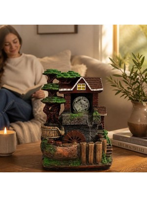 Keyfim Shop LED Işıklı Şelaleli Değirmen Ev Dekoratif Masaüstü Su Çeşmesi – Feng Shui Meditasyon ve Ofis Ev Dekoru