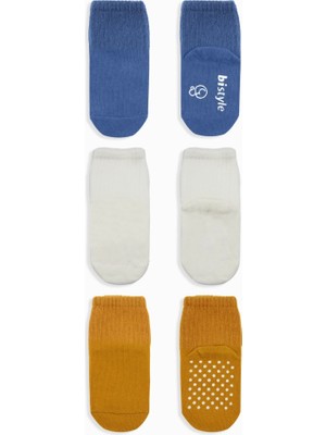 NW NessiWorld 3'lü Basic Kaymaz Penye Soket Çorap 10107 Indigo Ekru Hardal