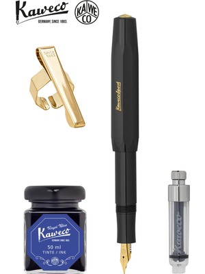 Kaweco Klasik Sport Siyah M Dolma Kalem Seti | Mini Piston + 50 ml Mavi Mürekkep + Altın Klips