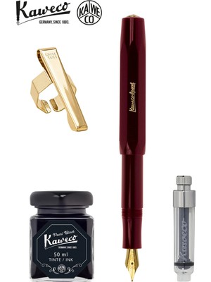 Kaweco Klasik Sport Bordo M Dolma Kalem Seti | Mini Piston + 50 ml Siyah Mürekkep + Altın Klips