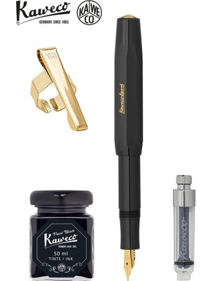 Kaweco Klasik Sport Siyah M Dolma Kalem Seti | Mini Piston + 50 ml Siyah Mürekkep + Altın Klips