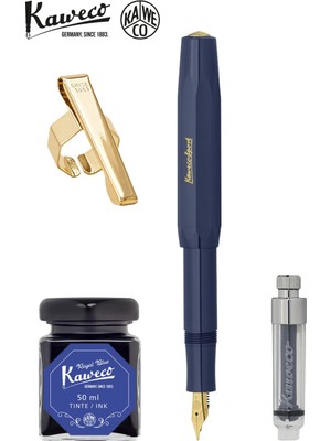 Kaweco Klasik Sport Mavi M Dolma Kalem Seti | Mini Piston + 50 ml Mavi Mürekkep + Altın Klips