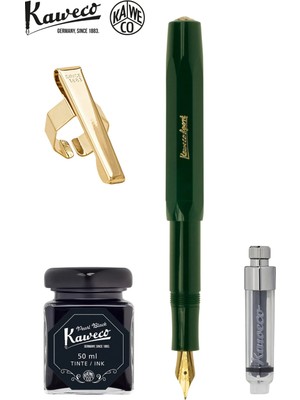 Kaweco Klasik Sport Yeşil M Dolma Kalem Seti | Mini Piston + 50 ml Siyah Mürekkep + Altın Klips