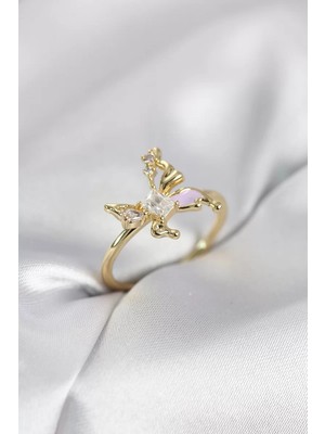 Uravas Store Gold Renk Kelebek Model Zirkon Taşlı Kadın Yüzük - TJ-BYK4139