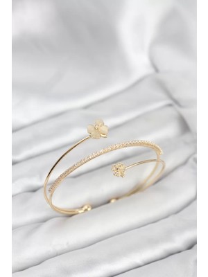 Uravas Store Yonca Çiçek Model Pirinç Gold Renk Kadın Bileklik - TJ-BB8257
