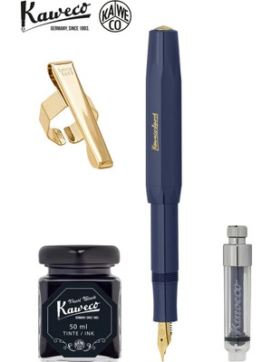 Kaweco Klasik Sport Mavi M Dolma Kalem Seti | Mini Piston + 50 ml Siyah Mürekkep + Altın Klips